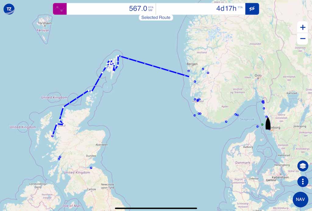 Rutt segling Norge Shetland Orkneyöarna Skottland Caledonian Göteborg